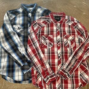 (2) Chalc‎ LARGE RED/BLUE/WHITE/BLACK Plaid Long Sleeve Western Button EXCELLENT
